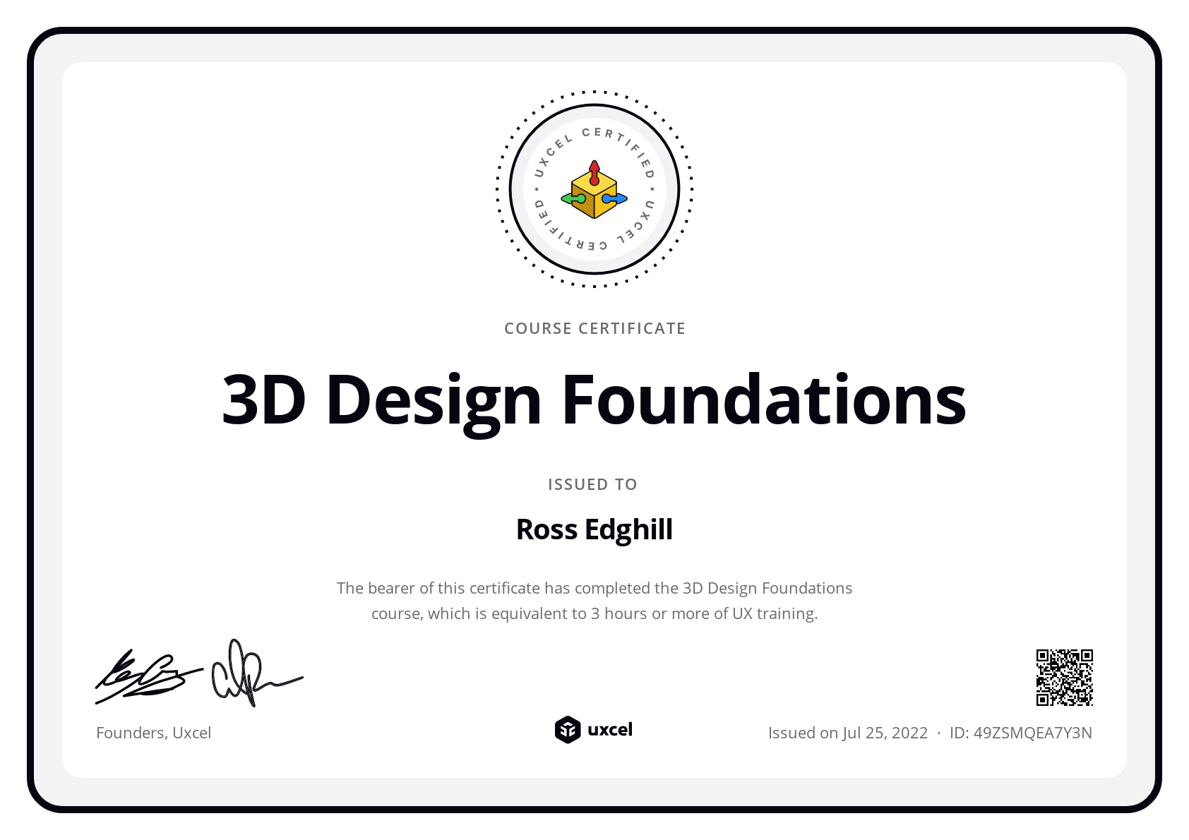 Ross Edghill's certificate